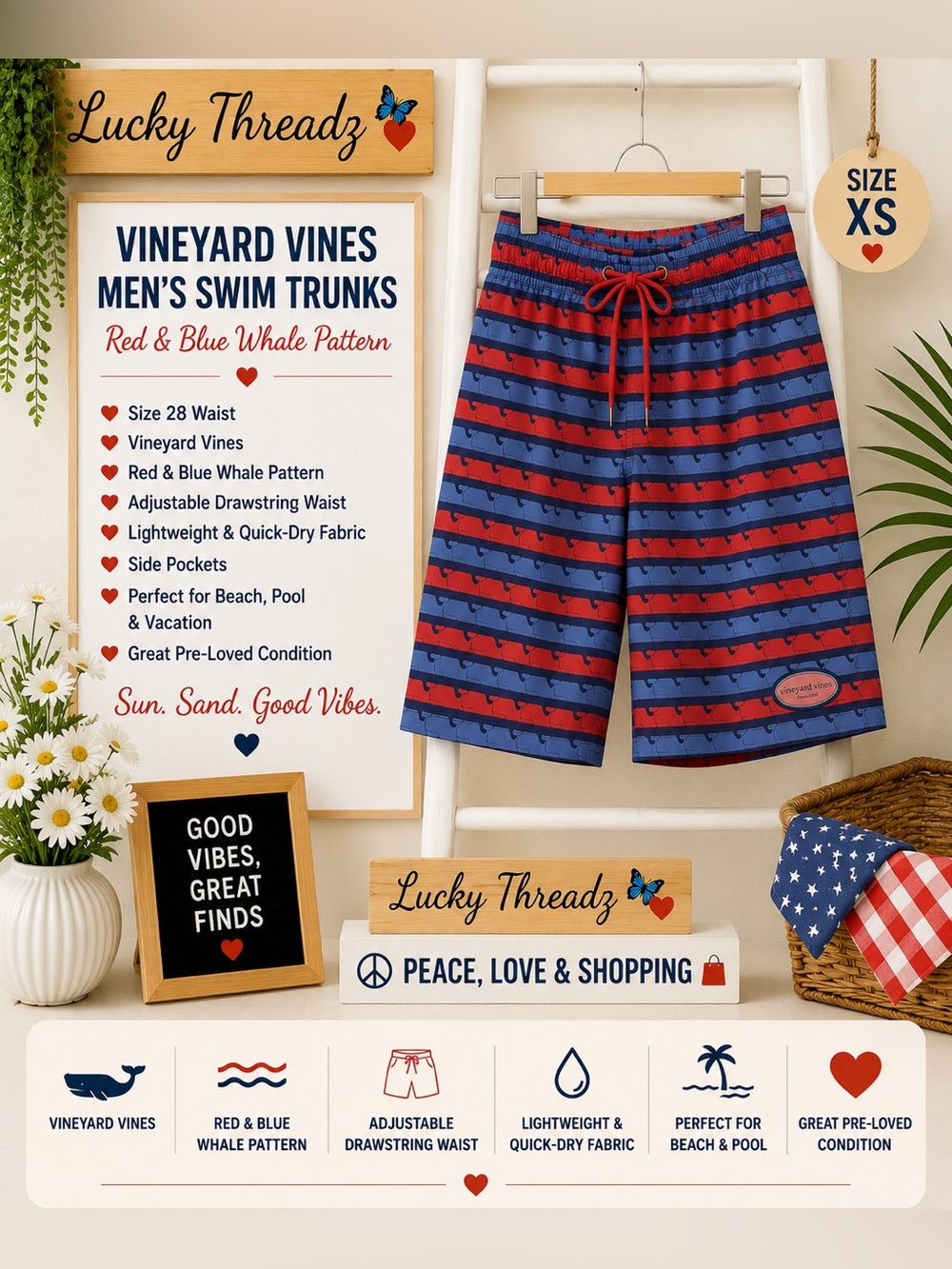 Vineyard Vines Navy and Red Whale-Stripe Swim Shorts
